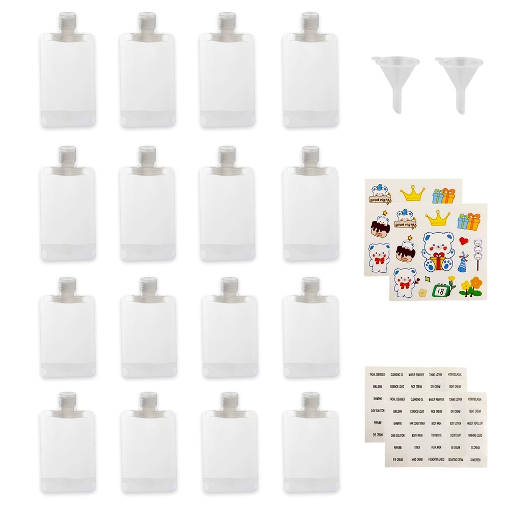 22 Pack Travel Pouches for Toiletries with Funnels and Stickers